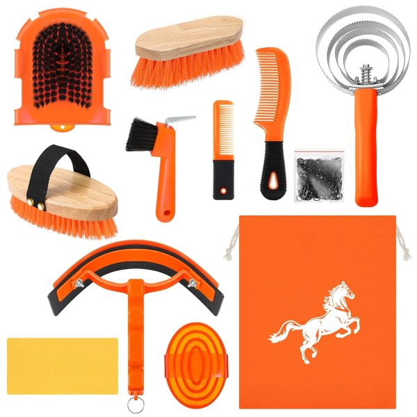 Abbylike 12 Pieces Horse Grooming Kit Tack Room Supplies Horse Brush Sets Equine Care Horse Cleaning Kit Shedding Grooming Massaging Tools(Orange)