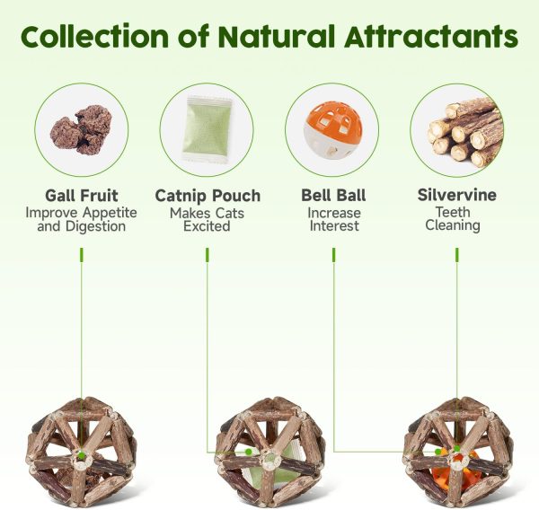 Potaroma Catnip Toys, 3Pcs Cat Toys Natural Silvervine Stick Cage Balls & Bell Ball for Indoor Cats, Kitten Cleaning Teeth Molar Matatabi Cat Chew Toy All Breeds - Image 2