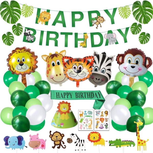 Yancan Safari Birthday Decorations Jungle Theme Party Supplies Included Birthday Banner Hat Sash Animal Balloons for Kids Boys Birthday Decor