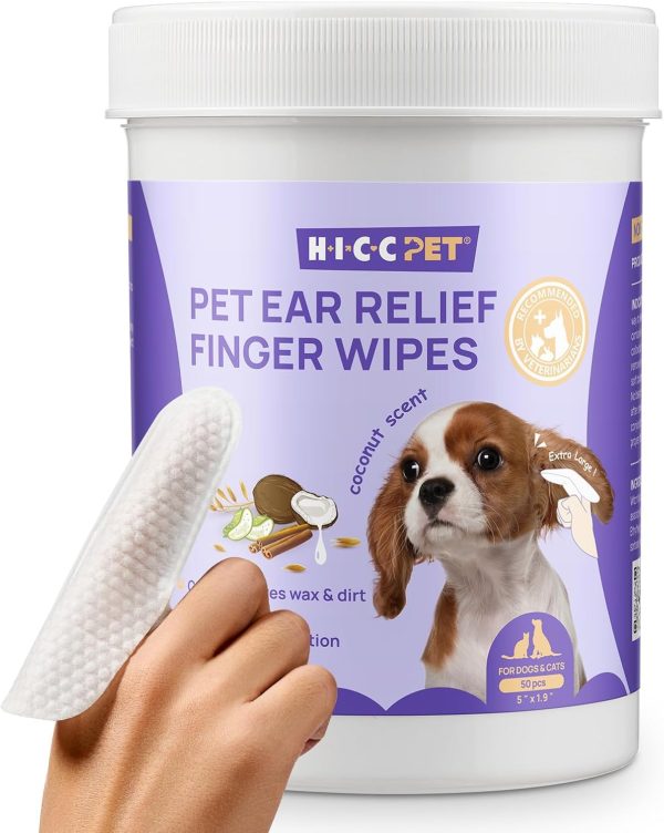 HICC PET Ear Finger Wipes for Dogs & Cats - Gently Remove Ear Wax, Debris - Sooths & Deodorizes - Relieve Ear Itching & Inflammation, Fresh Coconut Scent, All Natural Ingredients - 50 Count