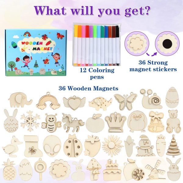 Worgree DIY Wooden Magnets, 36 pcs Wooden Art Craft Supplies Painting Kit for Kids Party Favors for Boys Girls Ages 4-8 8-12 Birthday Easter Crafts Gifts Toys Basket Goodie Bag Stuffers - Image 2