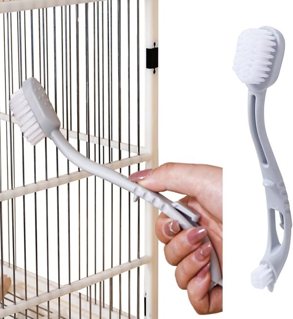 MANON ROSA Bird Cage Cleaner with Two Brush Heads Long Handle Tool for Cleaning Bird Parrot Cages Kennels Perches