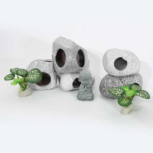 Aquarium Decorations Rock Caves Decor Betta Fish Tank Accessories 5PCS Hideout Stones House, 1PCS Aquarium Buddha Statue Decorations with Plastic Plants for Aquatic Pets Hide - Image 6