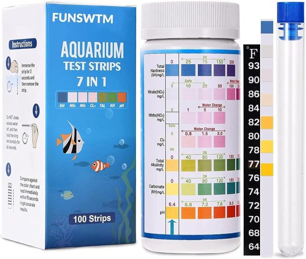 Aquarium Test Strips for Freshwater Fish: 7 in 1 Fish Tank Water Testing Kit for Aquarium Pond - Accurate Testing Nitrate Nitrite Hardness Free Chlorine pH Carbonate Total Alkalinity-100 Strips