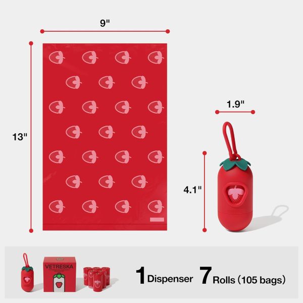 VETRESKA Dog Poop Bag Dispenser with Strawberry Scented Bags, Leak Proof, Extra Thick and Large Pet Waste Bags,1 Count Bag Holder and 105 Bags (7 Refill Rolls) for Walking Dog and Cats Litter, Red - Image 7