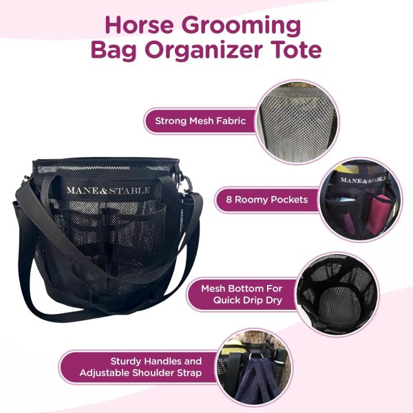 Horse Grooming Bag Tote - Large Mesh Brush Bag Organizer Caddy with 8 Pockets For Horse Supplies. Black (M&STOTE) - Image 2