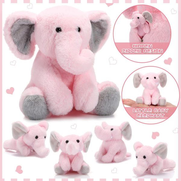 5 Pcs Plush Elephant Stuffed Animals with Babies, Mommy Elephant with 4 Plush Baby Soft Plush Elephants Animals Playset for Party Supplies, Favors, Decorations, Stocking Stuffers (Gray Pink) - Image 4