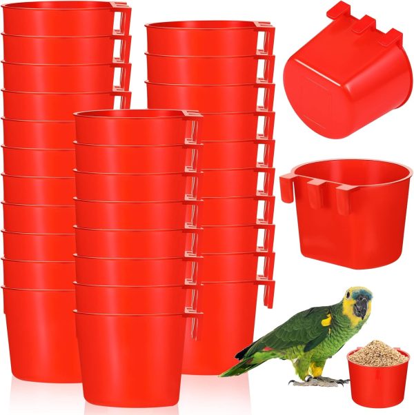 30 Pcs Cage Cups Birds Feeders Bird Water Dispenser Hanging Quail Waterer Plastic Chicken Feeding Watering Dish for Small Coop Parrot Parakeet PET Poultry Pigeon Gamefowl Food Seed Bowl Supplies, Red