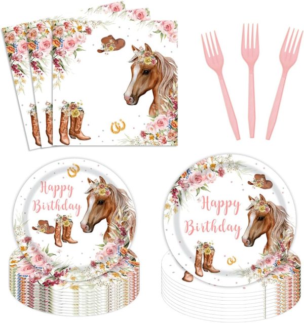 96pcs Cowgirl Horse Birthday Party Tableware Set Decorations Western Horse Plates Napkins Girl Saddle Up Horse Happy Birthday Party Supplies Serves 24 Guests