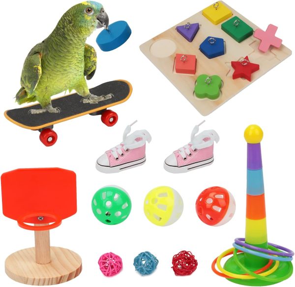 BWOGUE 12PCS Bird Training Toys Parrot Intelligence Toy Mini Sneaker Skateboard Parrot Wooden Block Puzzles Toy Bird Basketball Toy Stacking Rings for Budgie Parakeet Cockatiel Conure Lovebird