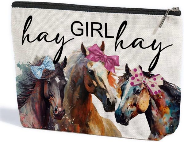 Vintage Funny Horse Stuff Farm Animals Western Makeup Bag Graduation Mothers Day Birthday Horse Gifts for Girls Women Horse Lovers Equestrian Friends Daughter Sister Niece Cosmetic Bag Hay girls Hay