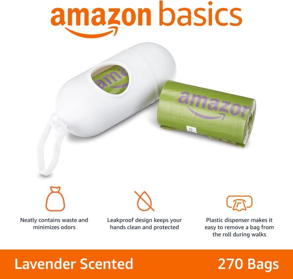 Amazon Basics Leakproof Dog Poop Bags With Dispenser and Leash Clip, Lavender Scented, 270 Count (18 Packs of 15), 13 Inch x 9 Inch - Image 2