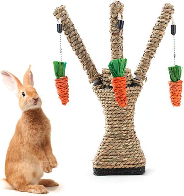 Hamiledyi Pet Rabbit Toy Tree Bunny Fun Chew Toy Rattan Grass Scratcher Climbing Tree Play Carrot Toy for Small Animal