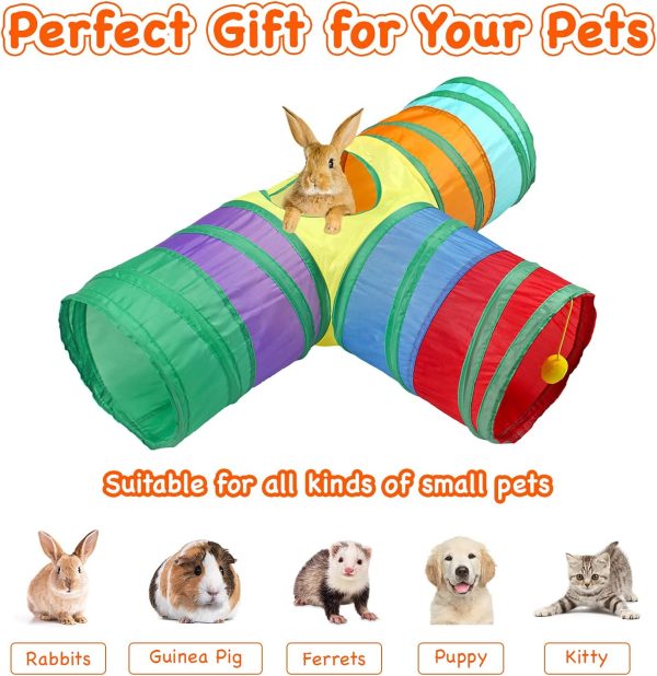 Rabbit Tunnel Collapsible 3 Way Bunny Tunnels and Tubes with Interactive Ball Bunny Hideout Small Animal Activity Tunnel Toys for Dwarf Rabbit Bunny Guinea Pig Kitty - Image 7