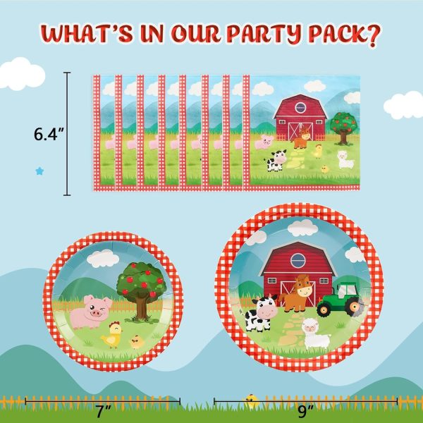 WERNNSAI Farm Party Plates Napkins Set- 48PCS Barnyard Farm Animals Tableware Party Supplies for Kids Birthday Disposable Dinnerware Dessert Plates Luncheon Napkins Serves 16 Guests - Image 2