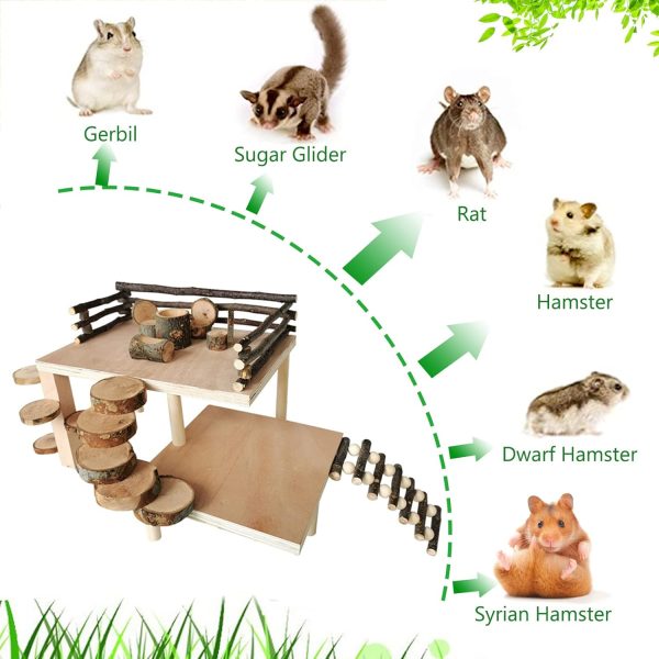 VolksRose Wooden Hamster Playground Platform, Hamster Climbing Toy, Natural Living Climb System, Small Animals Activity Set with Ladder Food Bowl Ramp Bridge for Mouse Gerbil Rat Chinchilla - Image 2