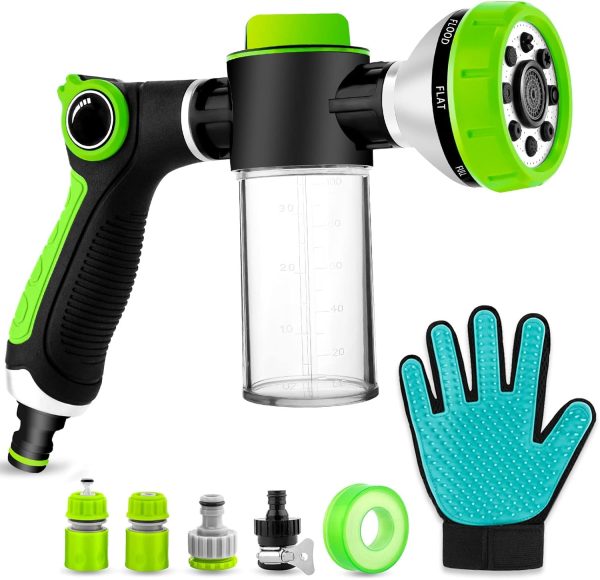 Upgraded Dog Wash Hose Attachment, 8-in-1 Sprayer Mode Garden Hose Nozzle with Pet Grooming Glove and 100cc Soap Dispenser Bottle, Adopted in Watering Flowers, Car Wash, Dog and Horse Showering