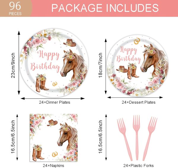 96pcs Cowgirl Horse Birthday Party Tableware Set Decorations Western Horse Plates Napkins Girl Saddle Up Horse Happy Birthday Party Supplies Serves 24 Guests - Image 2