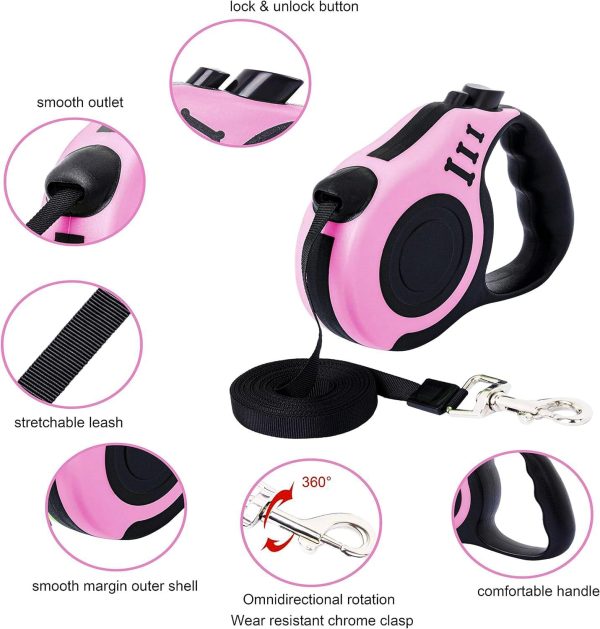 PETIMP Retractable Dog Leash Lightweight 16FT Leash, with Folding Bowl,Dispenser,Waste Bags, for Small Medium Dogs(Pink) - Image 3