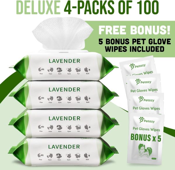 400 Dog Wipes for Paws and Butt Ears Eyes | Organic Pet Wipes for Dogs | Lavender Scented Dog Wipes Cleaning Deodorizing | Extra Thick Paw Wipes for Dogs Cats Pets | Bonus Glove Wipes Included - Image 7