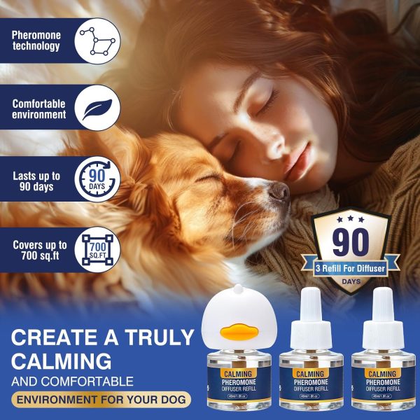 Dog Pheromone Calming Diffuser 4 In 1 Appeasing Pet Pheromones Diffuser to Calm Kit (Plug in+ 3 Pack 48ml Refill) for Anxiety Relief Reduce Barking Aggression Fighting Stress 90 Day Supply(Tasteless) - Image 3