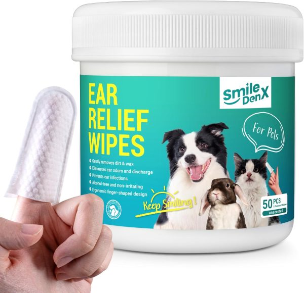 Dog Ear Cleaner Finger Wipes - Gently Remove Ear Wax & Debris, Relieve Ear Itching & Inflammation - Soothing Cleansing Deodorizing Ear Care Wipes for Cat and Dog (50 Pcs, Unscented)