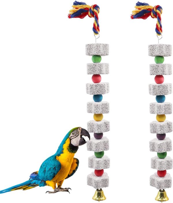 2 Pack Large Bird Chewing Toy, Parrot Beak Grinding Calcium Stone with Bells, Bird Cage Accessories, Cage Toys for Cockatiel Parakeet Parrot Budgies Rat Hamster Chinchilla Rabbit Bunny African Grey