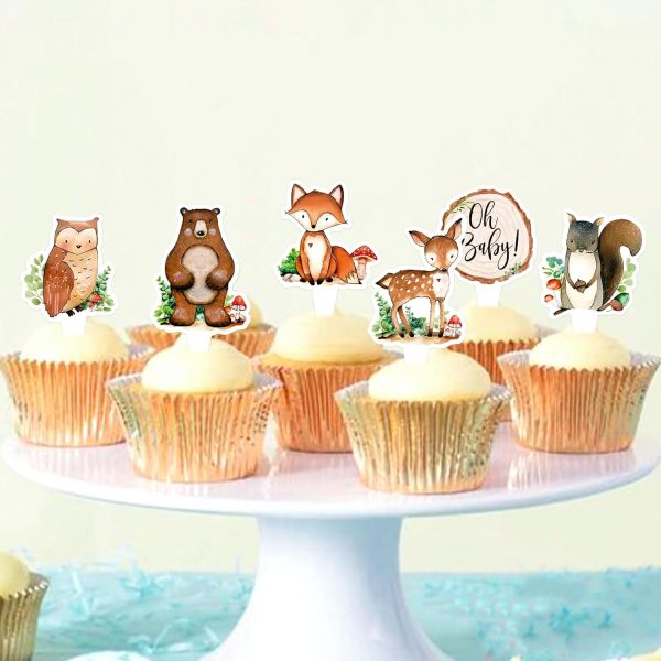 Ercadio 32 Pcs Double-sided Woodland Party Cupcake toppers Picks Woodland Decor Woodland Animals Cake Woodland Theme Baby Boy Girl Birthday Favors Woodland Party Supplies - Image 6