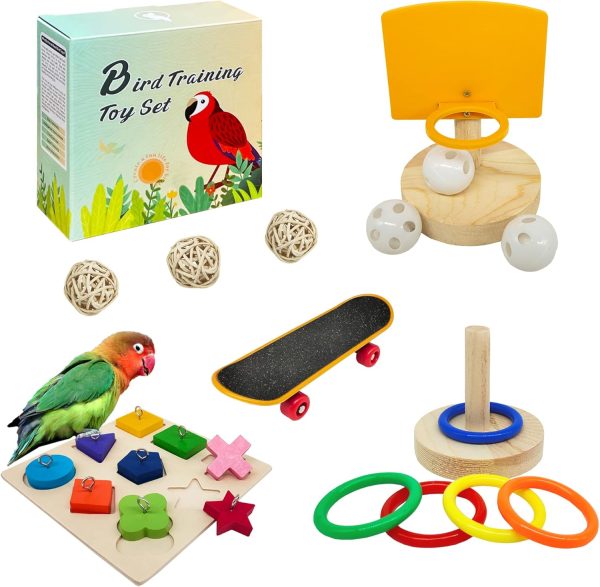 Bird Toys For Parakeets,5pcs Parrot Toys Set （Include Bird Basketball Toy、Bird Skateboard、Bird Stacking Toy、Parrot Wooden Block Puzzles Toy、Small Sepak Takraw）,Parakeet Toys、For Bird Training Toys12