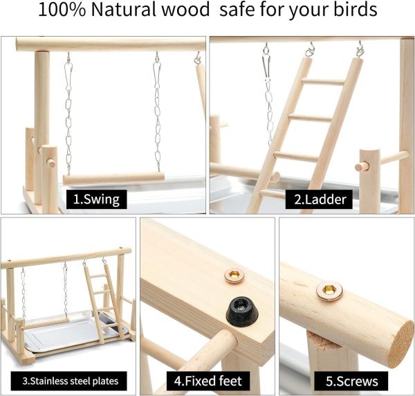 Natural Wood Bird Playground Parrot Perch Playstand Play Gym Stand Playpen Perches Ladder Swing Platform with Toys Exercise Playgym for Luonfels,Budgie,Cockatiels,Conures,Parakeets,Lovebird - Image 5