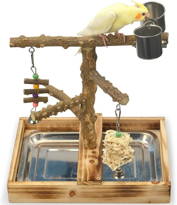 Natural Wood Bird Toys Playground, Bird Cage Accessories, Bird Perches, with Removable Tray and 2 Stainless Steel Cups