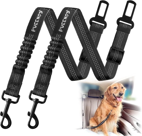 2 Pack Dog Seat Belt Adjustable Dog Car Seatbelts for Vehicle Nylon Pet Safety Seat Belt with Elastic Bungee Buffer Reflective & Durable Car Harness for Dogs