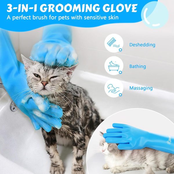 Pecute Pet Grooming Gloves - Heat Resistant Silicone Gloves with High-Density Teeth, Enhanced Five Finger Design for Bathing and Massaging Dogs and Cats, Blue - Image 2