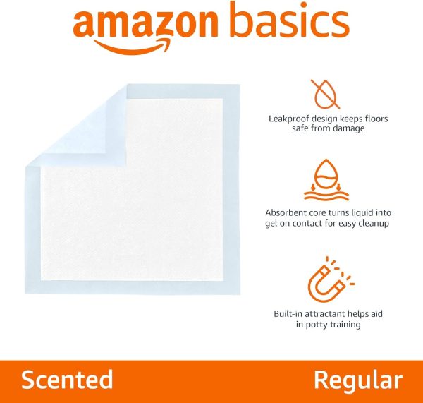 Amazon Basics Absorbent Puppy Pads for Potty Training and Incontinence, 5-Layer Leak-Proof Design, Quick-Dry Surface, Regular Size, 22 x 22 Inch, Scented, Pack of 100, Blue & White - Image 2