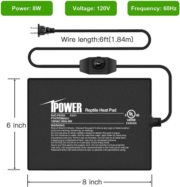 iPower 6 by 8-Inch 8 Watts Reptile Heating Mat with Temperature Controller Under Tank Warmer Terrarium Heat Pad for Reptiles and Amphibians, Black - Image 2