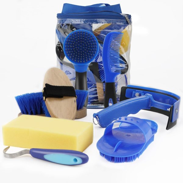 9 Pieces Grooming Kit with Tote Bag - Horse Brush Set, Sweat Scraper, Sponge, Hoof Pick, Curry Comb for Riders and Beginners (Blue)