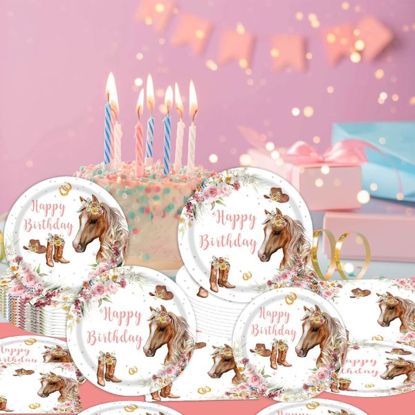 96pcs Cowgirl Horse Birthday Party Tableware Set Decorations Western Horse Plates Napkins Girl Saddle Up Horse Happy Birthday Party Supplies Serves 24 Guests - Image 6