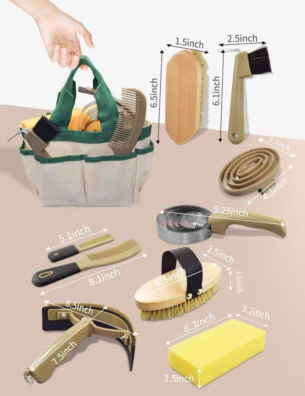 Complete 9 Piece Horse Grooming Kit with Tote Bag, Horse Brush Set for Effective Grooming and Bathing, Professional Equine Coat Care Supplies for Horse Riders - Image 2