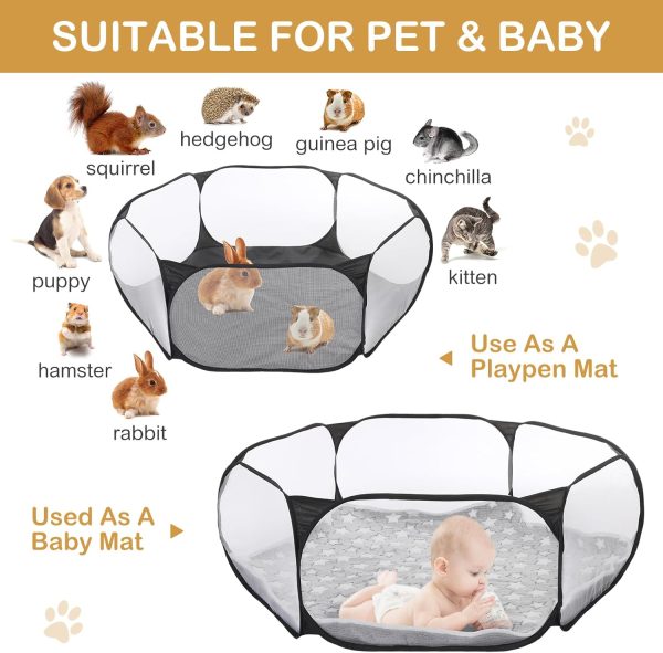 Hamster Playpen with Mat Small Animal Cage Tent Breathable Transparent Guinea Pig Playpen Waterproof Portable Yard Fence Mat Foldable Exercise Playpen Outdoor Indoor (Black,Star) - Image 6