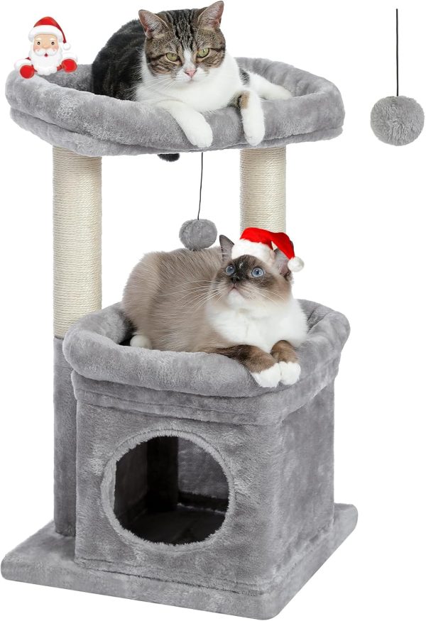 PEQULTI Cat Tree Tower for Indoor Cats with Private Cozy Cat Condo, Natural Sisal Scratching Posts and Plush Pom-pom for Small Cats