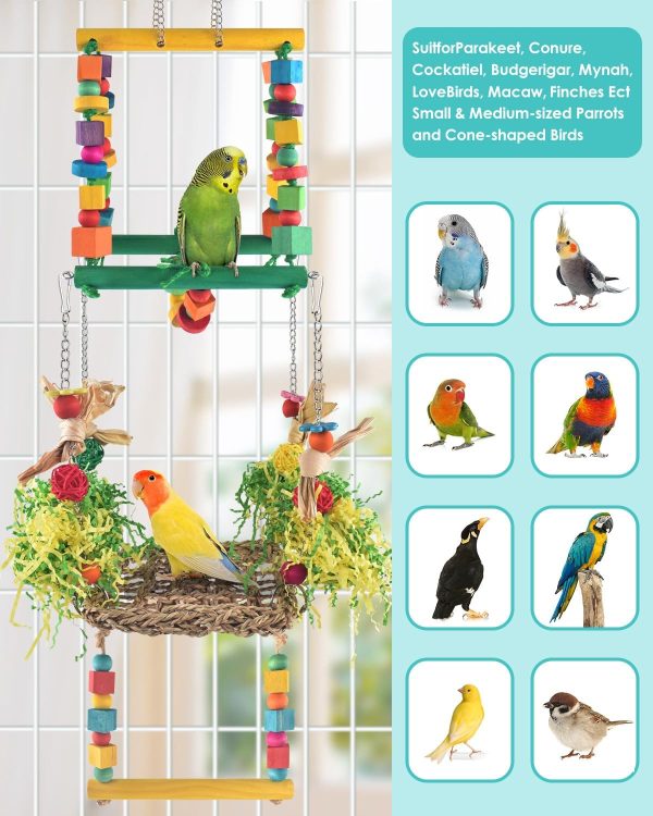 Bird Hammock Toys Parakeet Perches Swing,3in1 Detachable Parrot Cage Accessories,Wooden Hanging Chew Toys for Medium Small Birds Budgie Lovebird Cockatiel Parakeet Finches - Image 3