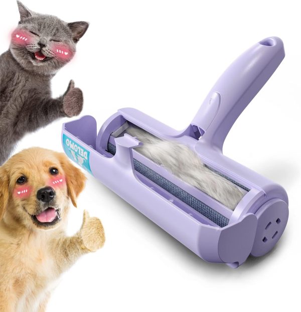 DELOMO Pet Hair Remover Roller - Dog & Cat Fur Remover with Self-Cleaning Base - Efficient Animal Hair Removal Tool - Perfect for Furniture, Couch, Carpet, Car Seat, Purple