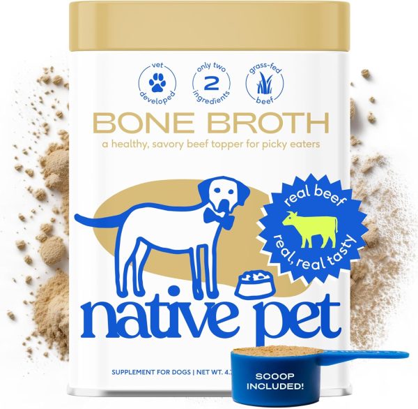 Native Pet Bone Broth for Dogs & Cats 4.75oz - Dog Bone Broth Powder - Dog Food Toppers for Picky Eaters - Cat Broth & Dog Broth - Beef Bone Broth for Cats - Pet Food - Beef Bone Broth Powder for Dogs