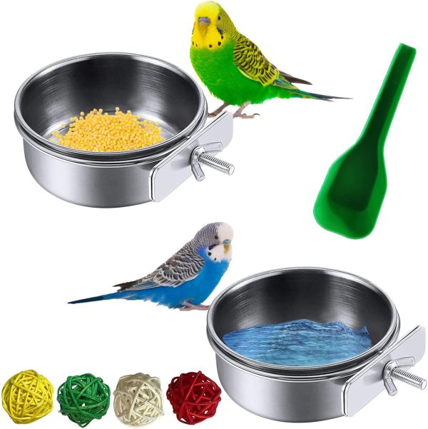 kathson Parrot Feeding Dish Cups,Stainless Steel Bird Food Water Bowl Parakeet Feeder Birds Cage Ball Toys with Clamp Holder for Cockatiel Macaw Budgies Small Animal Chinchilla (7 Pcs)