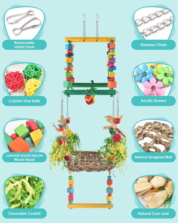 Bird Hammock Toys Parakeet Perches Swing,3in1 Detachable Parrot Cage Accessories,Wooden Hanging Chew Toys for Medium Small Birds Budgie Lovebird Cockatiel Parakeet Finches - Image 4