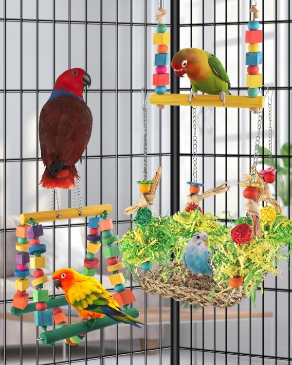 Bird Hammock Toys Parakeet Perches Swing,3in1 Detachable Parrot Cage Accessories,Wooden Hanging Chew Toys for Medium Small Birds Budgie Lovebird Cockatiel Parakeet Finches - Image 2