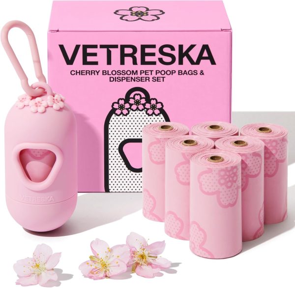 VETRESKA Dog Poop Bag Dispenser with Cherry Blossom Scented Poop Bags, Leak Proof and Extra Thick Pet Waste Bags, 1 Poop Bag Holder and 105 Bags for Dog Walking and Cats Litter, Pink