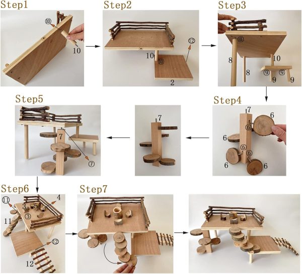 VolksRose Wooden Hamster Playground Platform, Hamster Climbing Toy, Natural Living Climb System, Small Animals Activity Set with Ladder Food Bowl Ramp Bridge for Mouse Gerbil Rat Chinchilla - Image 5