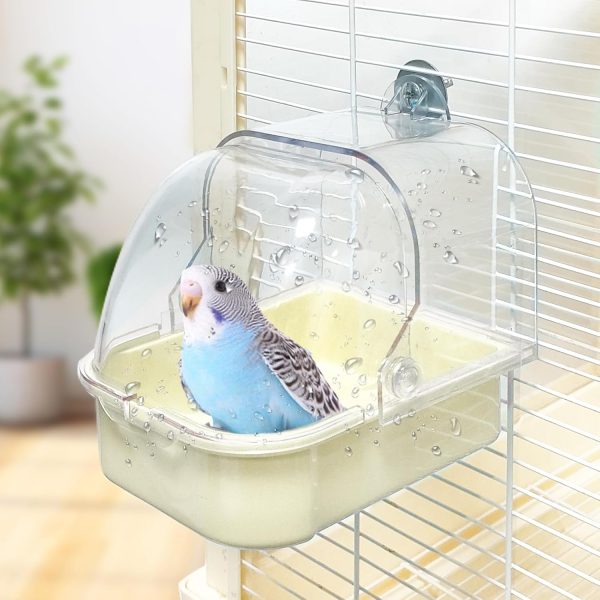 Bird Bath for Cage, Cleaning Pet Supplies Cockatiel Bird Bathtub with Hanging Hooks for Little Bird Parrots Spacious Parakeets Portable Shower for Most Birdcage (Beige)