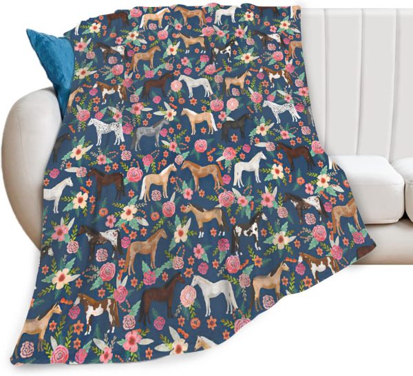 Horse Blanket Gifts for Girls Women Western Horses Flowers Fleece Flannel Throw Blankets Soft Lightweight Horse Plush Stuffed Animal Blue Throws for Horse Lovers Kids Adults Bed Sofa Decor 50" x40